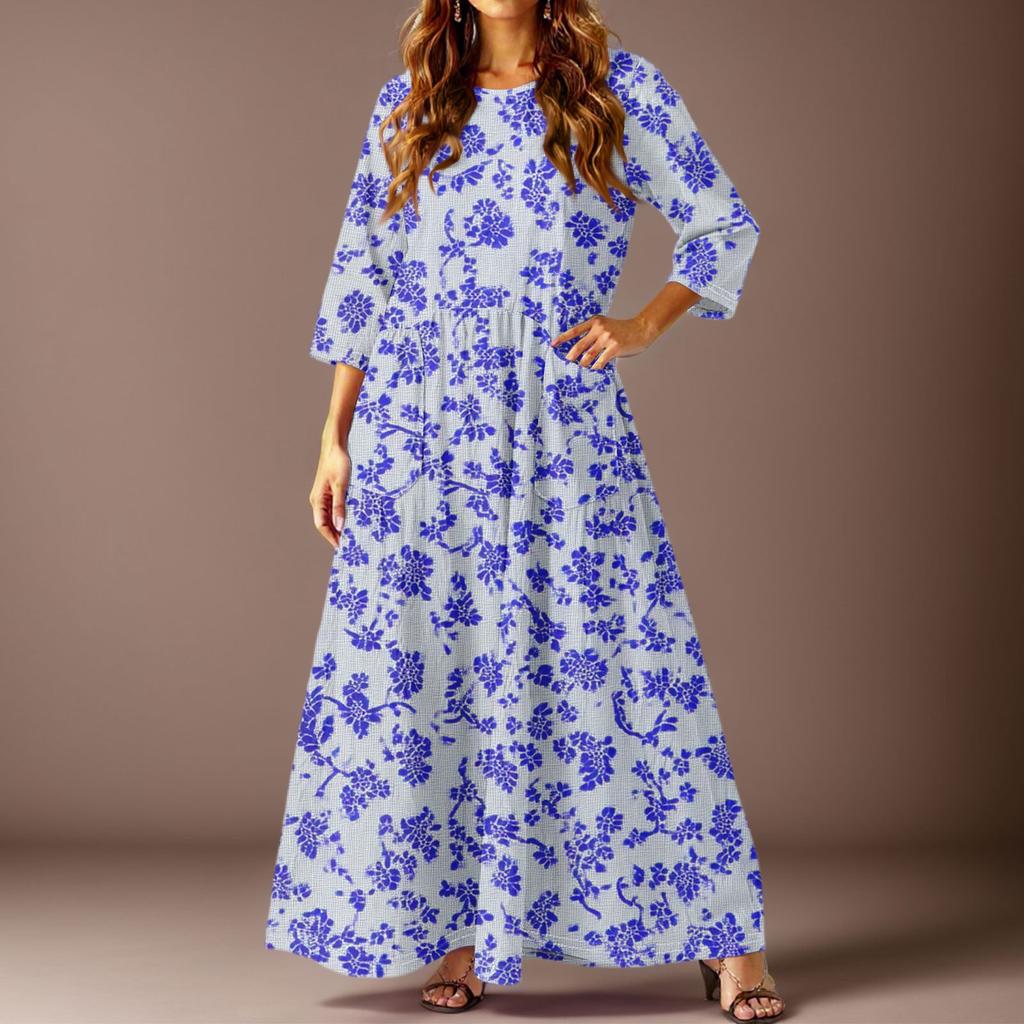 Women's Casual Fashion Floral Print Three-quarter Sleeve Long Dress With Pockets
