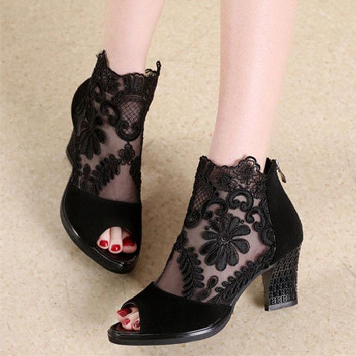 Sexy Lace Summer Slipper  Medium Heel Plus Size Sandals Breathable Mesh Fashion Comfortable High Heels