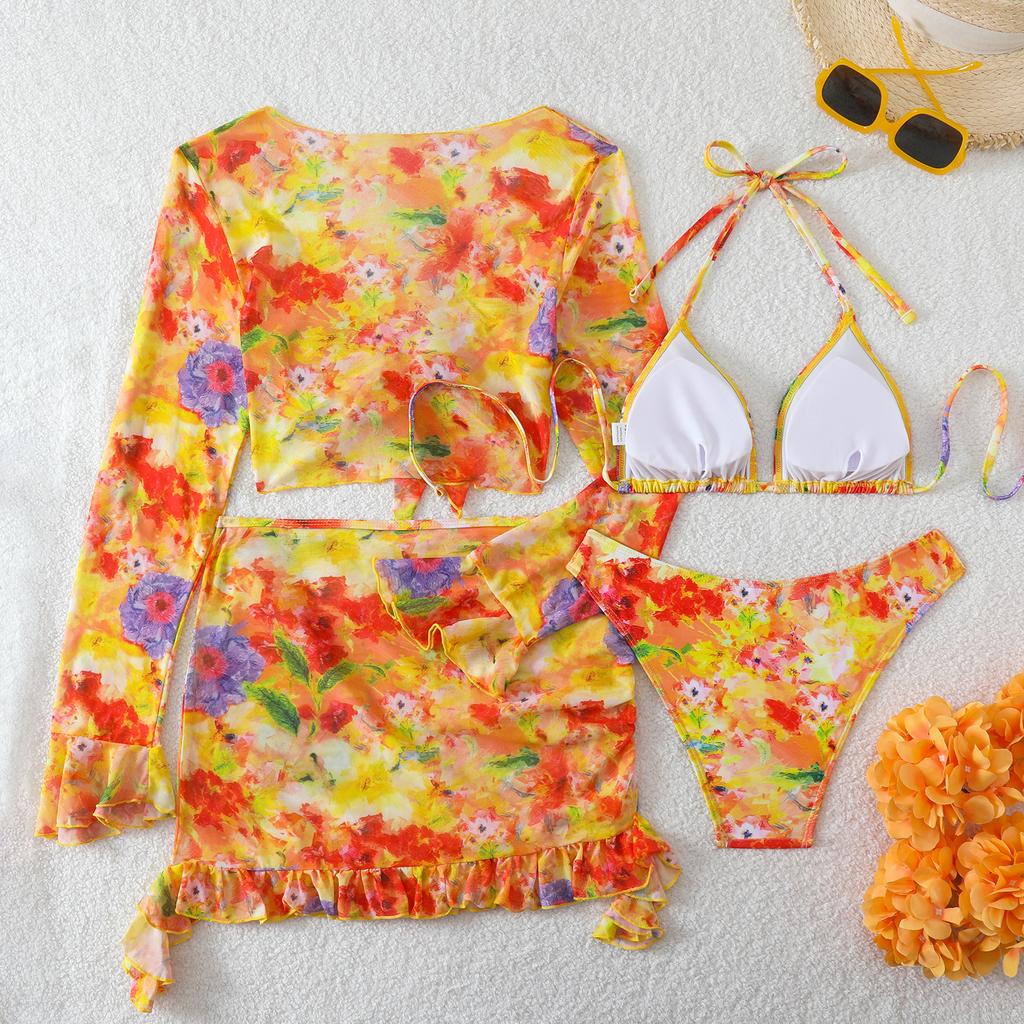 Swimsuit 1011 New European and American Fashion Printed Beach Dress Bikini Four-piece Swimsuit Women's
