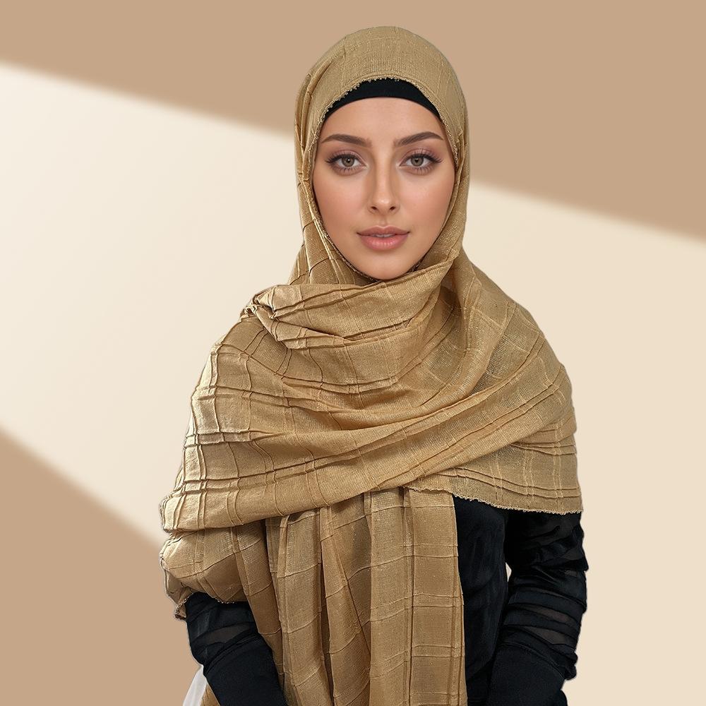 Good Quality Luxury Silver Thread Crepe Plaid Shawl Scarf Polyester Gilt Shiny Headscarf Head Covering Women Hijab