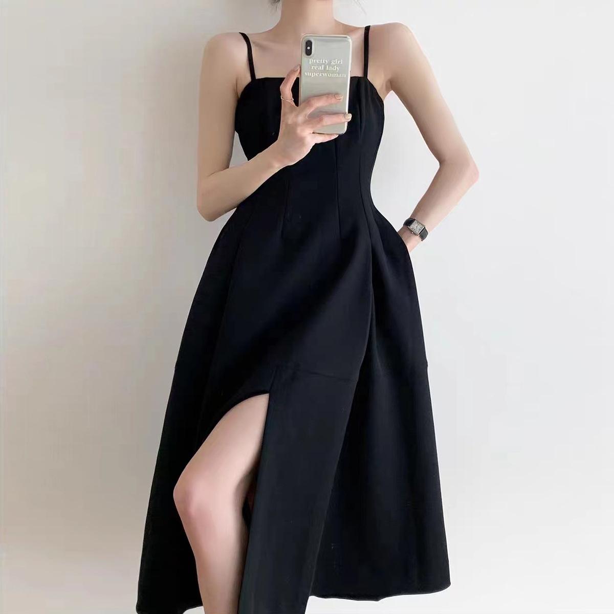 

Black retro Hepburn style split suspender dress women s high sense French design sense niche high waist small black dress S чёрный