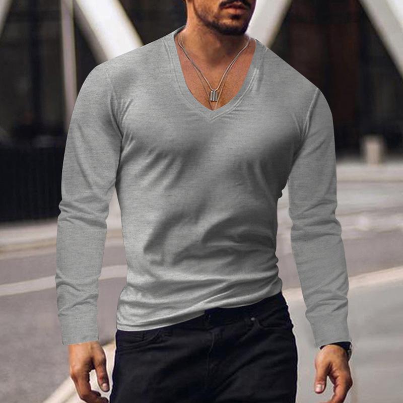 Men's Summer Long Sleeve Top Sun Protection Base Shirt Men's Large V-neck Solid Color Large Size Casual T-shirt Men