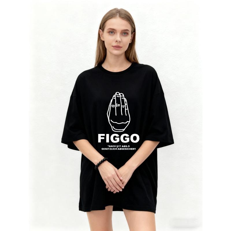 Oversized T Shirt Black Figgo Hand Print With Text Statement Graphic Tee For Casual Wear Streetwear Fashion Unisex Top