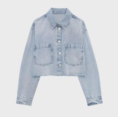 2024 Spring Women's Raw Edge Light Blue Denim Jacket with Long Sleeves