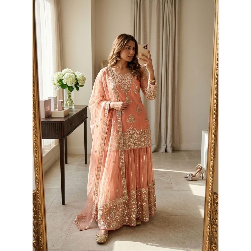 Bellissimo Salwar Kameez Pakistano da Festa Designer Bollywood Top Tuta Sharara