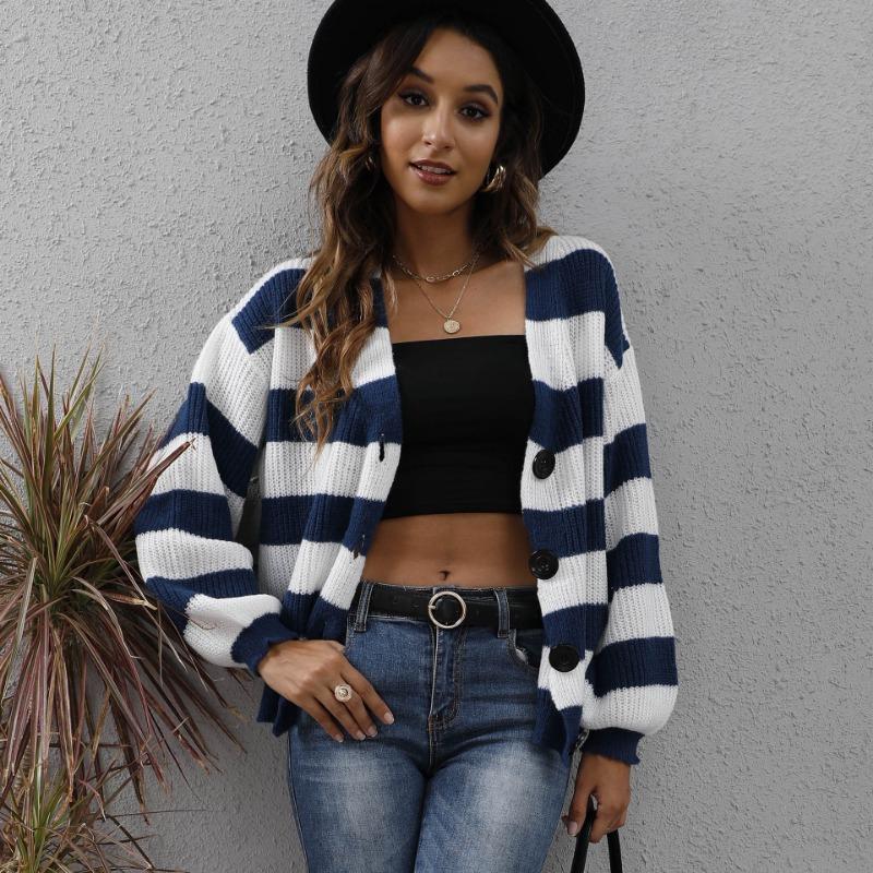 Cardigan de Toamnă/Iarnă pentru Femei, Dungi Contrastante, Nasturi, Patchwork, Pulover Tricotat