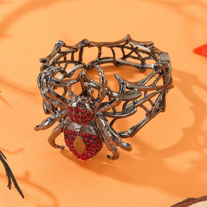 1 Stück Punk Spinnen-Thema Persönlichkeit Armband - Schwerlast Zinklegierung Schwarz Rot Strass Spinnennetz mit Spinnenanhänger, Elastisches Band Design