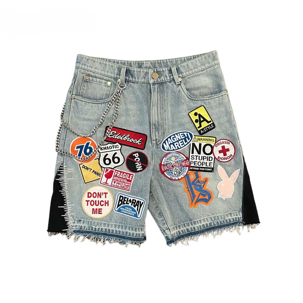 ZYLLO Streetwear Retro Patchwork Denim Short Y2K Jeans Men Women Hip Hop Car1oon Graphics Retro Blue Loose Denim Fitness Casual Shorts