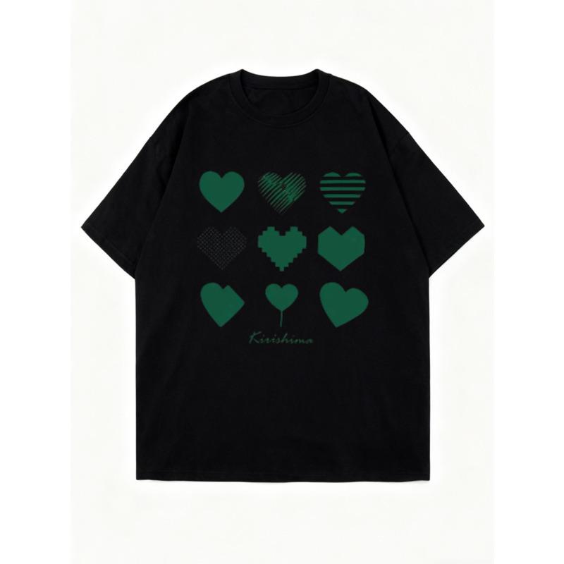 Oversized T Shirt Black Green Hearts Pattern And Katsukina Text Casual Wear For Women