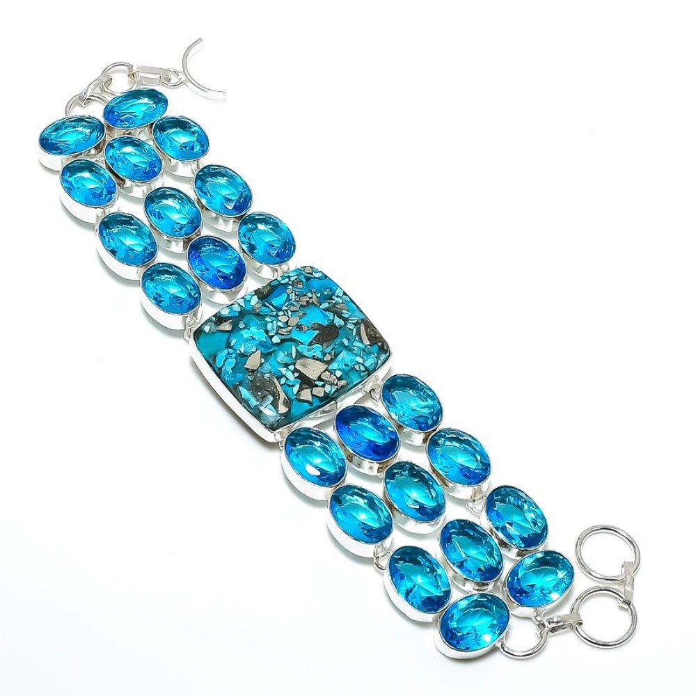 Spiny Oyster,Blue Topaz Handmade 925 Sterling Silver Bracelet 7-8" N9h59