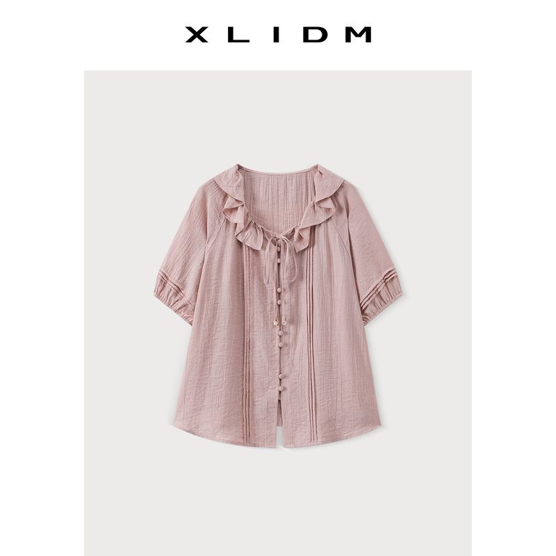 Xiaoli Plus size women clothing Cool Breathable Linen Frill Strap Raglan Sleeve V-neck Shoulder Short sleeve Small Shirt for Women Summer