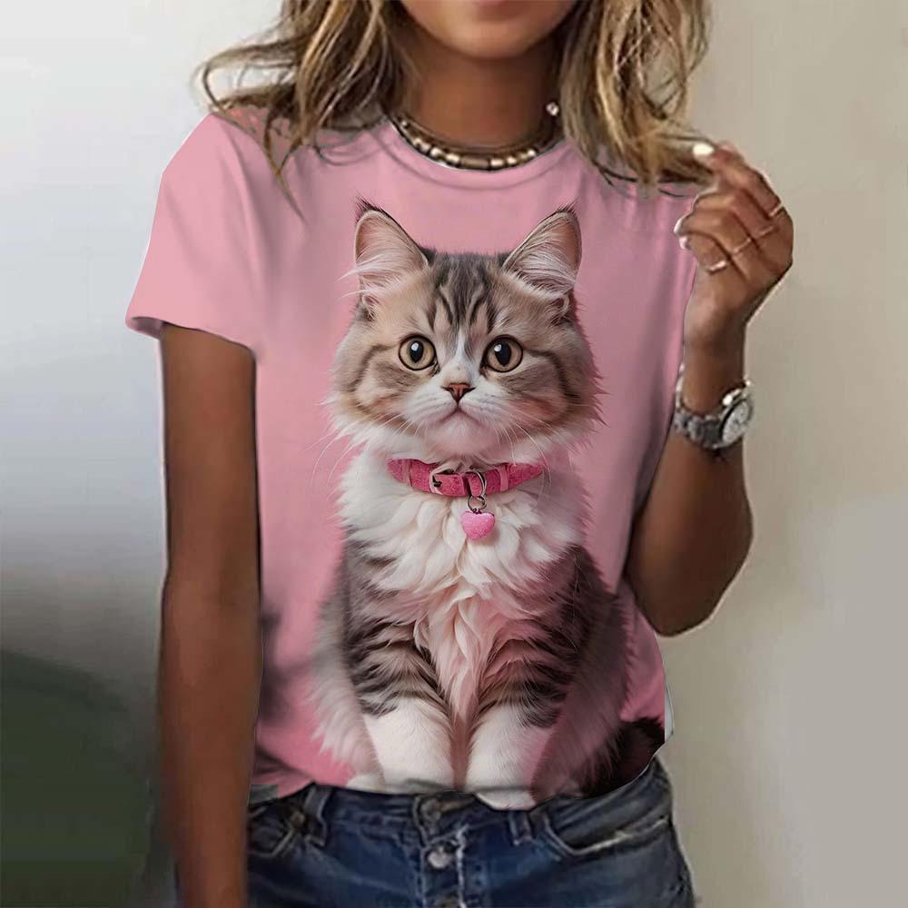 Women's Round Neck Short Sleeved T-shirt with Digital Printing, Cat Casual Short Sleeved T-shirt