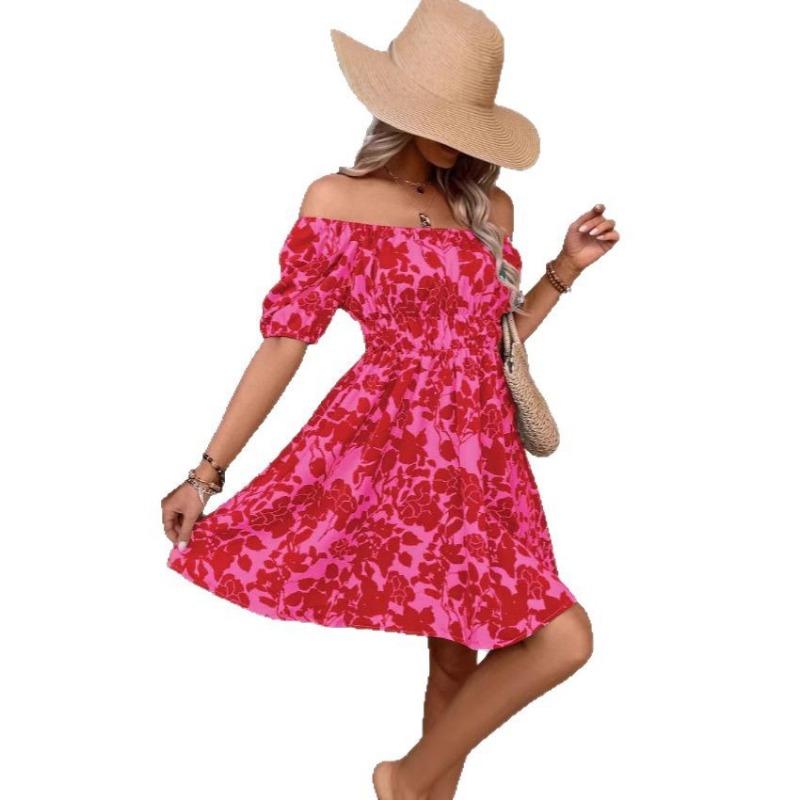Mode Sommer Bedrucktes Lässiges Schulterfreies Kleid Kurzärmlig Locker Lässig Schlichtes A-Linien Party Kurzkleid Slim Fit Elegant Urlaubskleidung