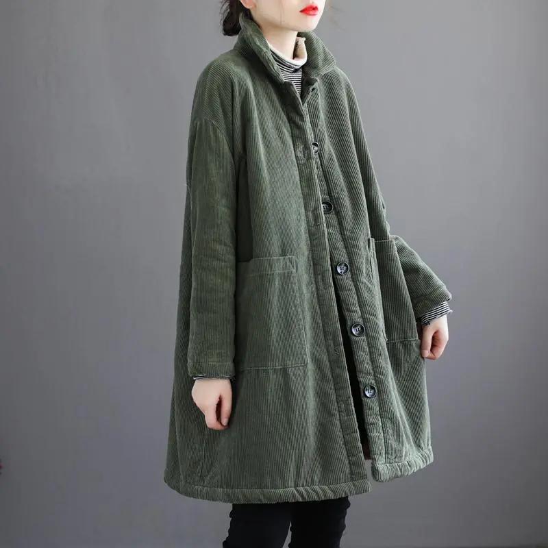 Literary and Artistic Loose Large Size Corduroy Padded Jacket Women's Mid-length Plus Velvet Thick Warm Strip Velvet Winter Padded Jacket