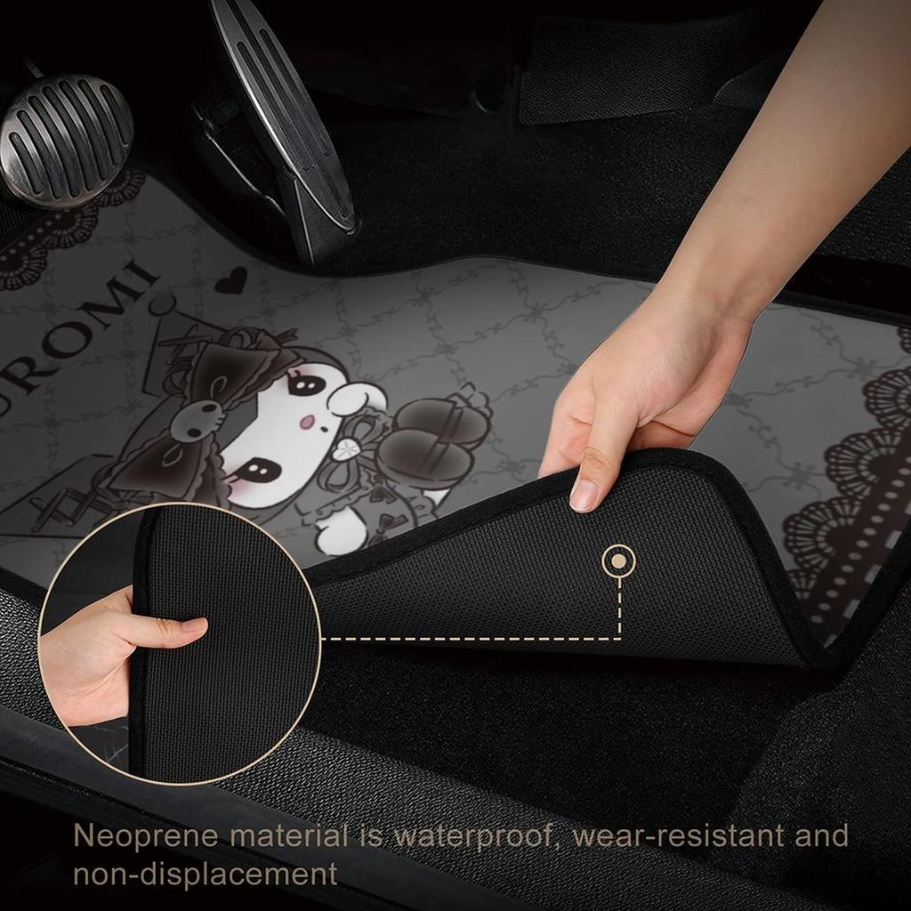 Floor Easy Protective Car for Kei and Standard Set of 4 Kuromi-chan Mats, Waterproof, Washable, Anti-Slip, Stain-Resistant, Customizable,