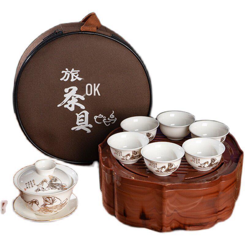 Portable Ceramic Kung Fu Tea Set with Tray, Cups, Teapot, and Lid Bowl