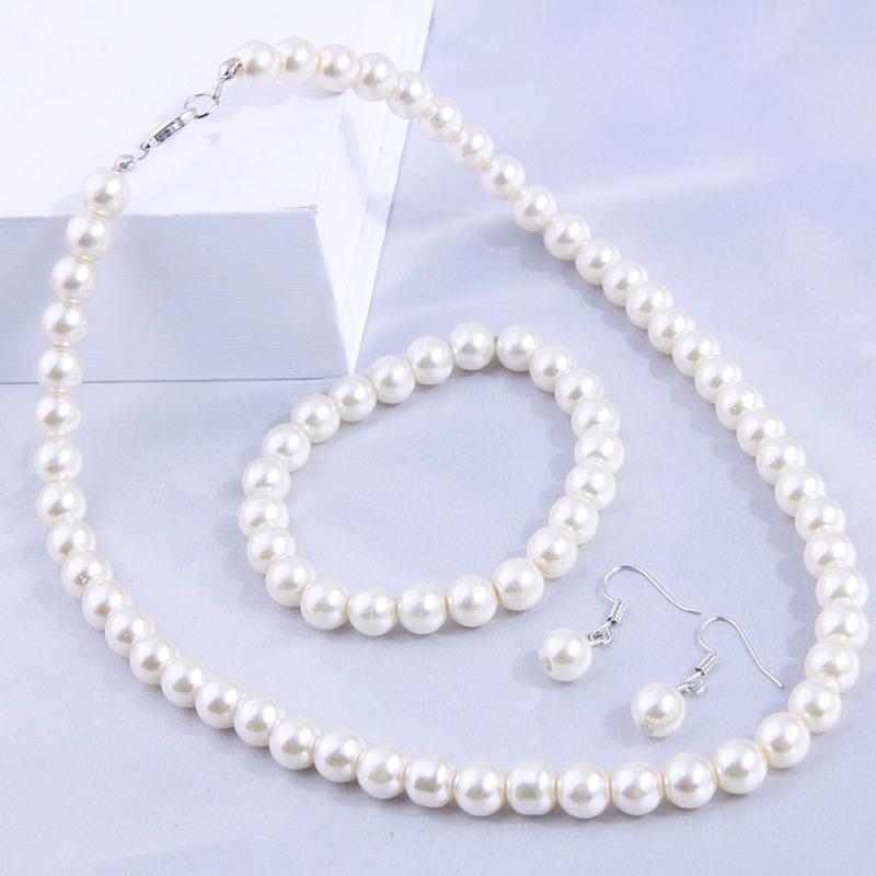 3pcs/set Faux Zircon Beaded Necklace & Bracelet & Earrings Set Elegant Round Bead Chain Zircon