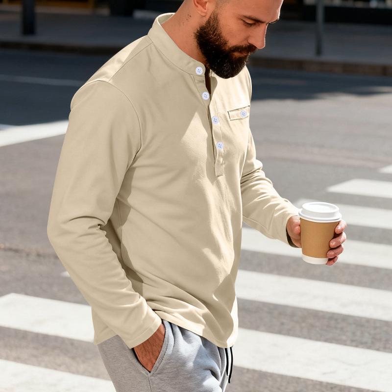 Men Solid Color Long Sleeve Round Neck Button Decor Casual Loose Polo Shirt