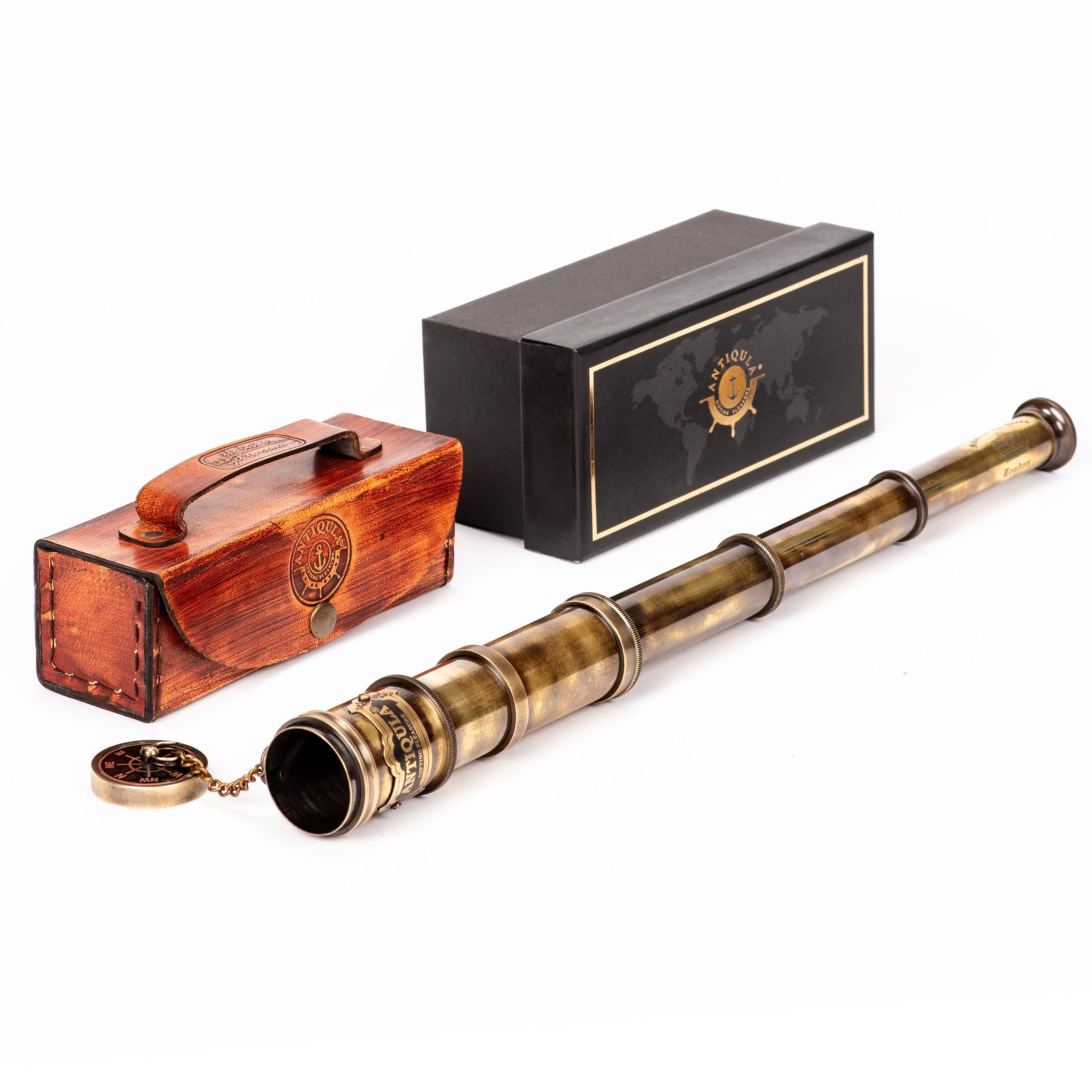 

Antiqula 1920 Vintage Brass Telescope with Premium Leather Case Foldable 15x Clear Vision Antique Pirate Spyglass Telescope for Adults Nautical