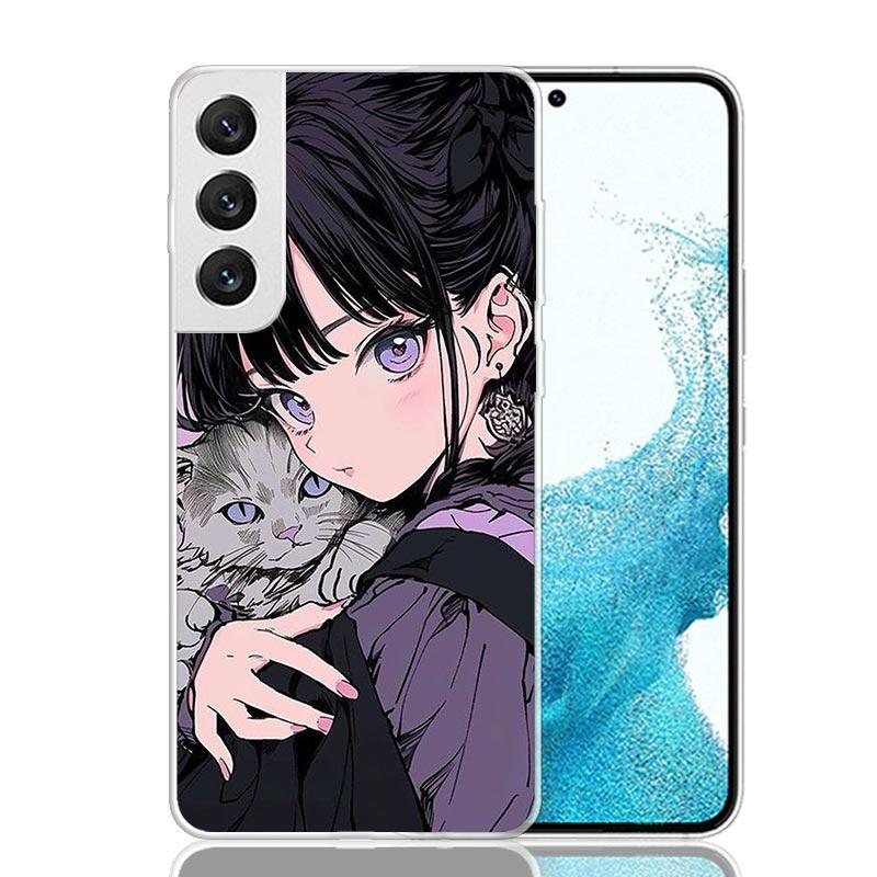Anime Girls Cute Black Cat Phone Case For Samsung Galaxy S26 Ultra S23 S24 S25 Edge S20 FE S21 S22 Plus Soft Print Shell Cover F
