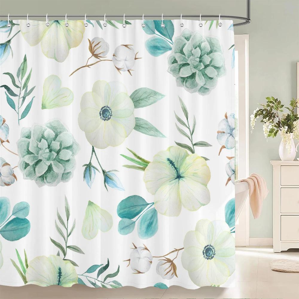 3D Printed Fabric Shower Curtains Fresh Flowers Plant Bath Screens Waterproof Bathroom Decor with 12 Hooks Shower Curtain