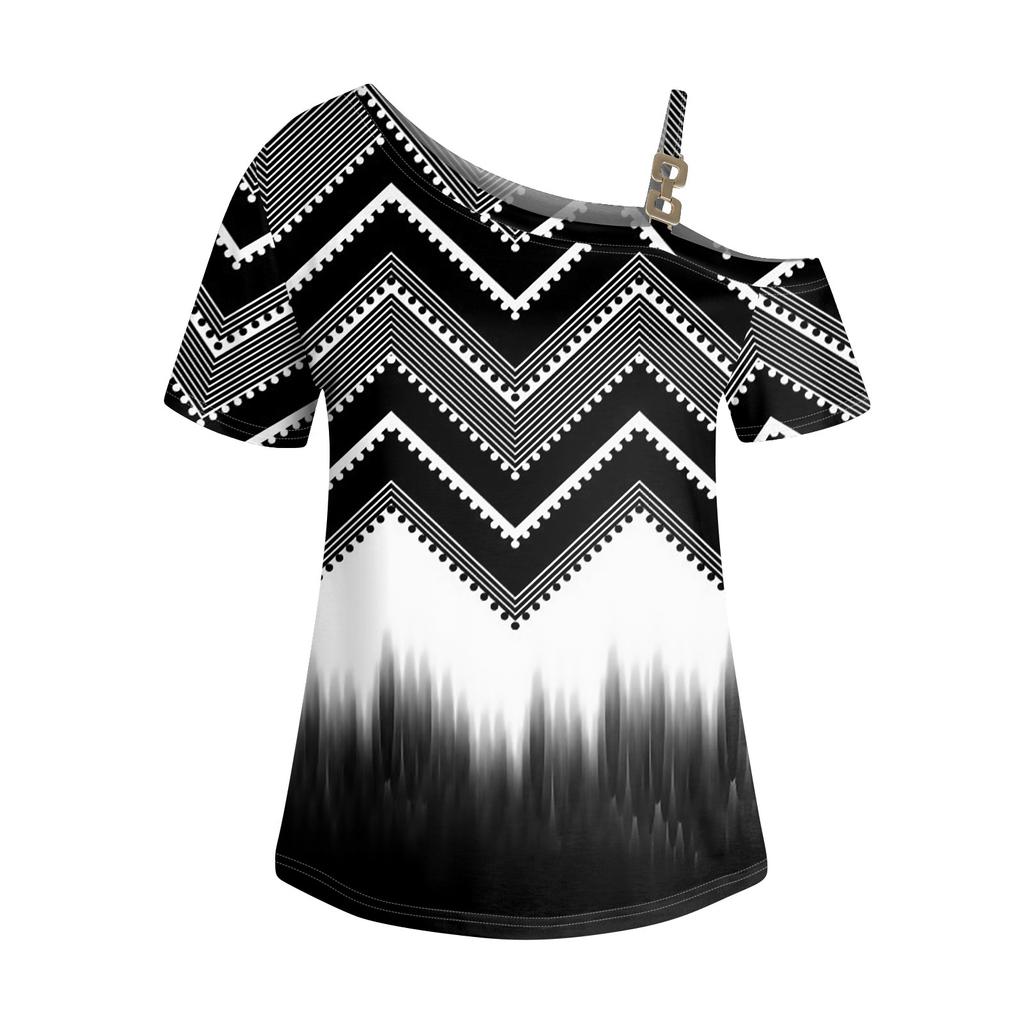 Tricou cu mânecă scurtă, cu umăr dezactivat, cu imprimeu casual pentru femei