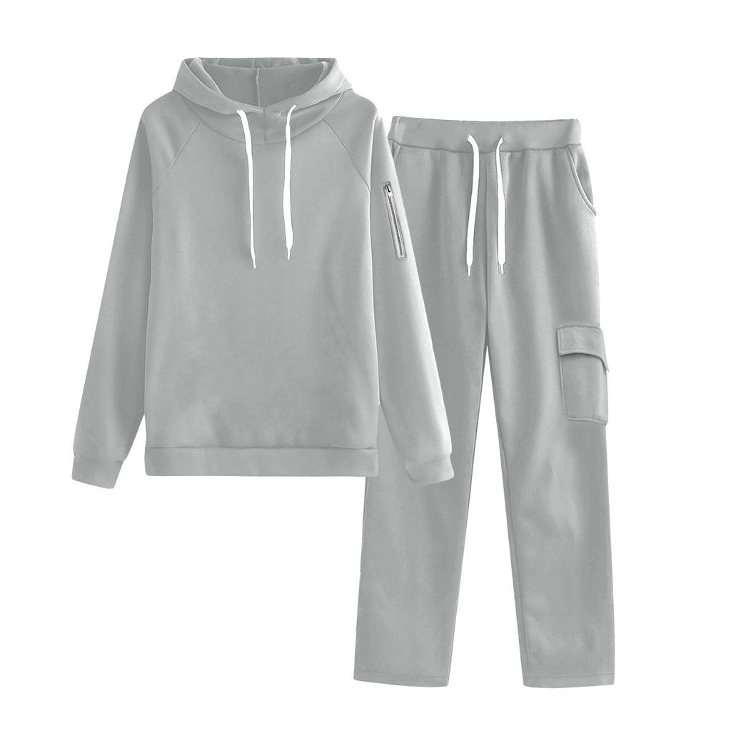 Women's Fashionable Loose Zipper Pocket With Shoulder Sleeves Hoodie And Pants Two-Piece Set