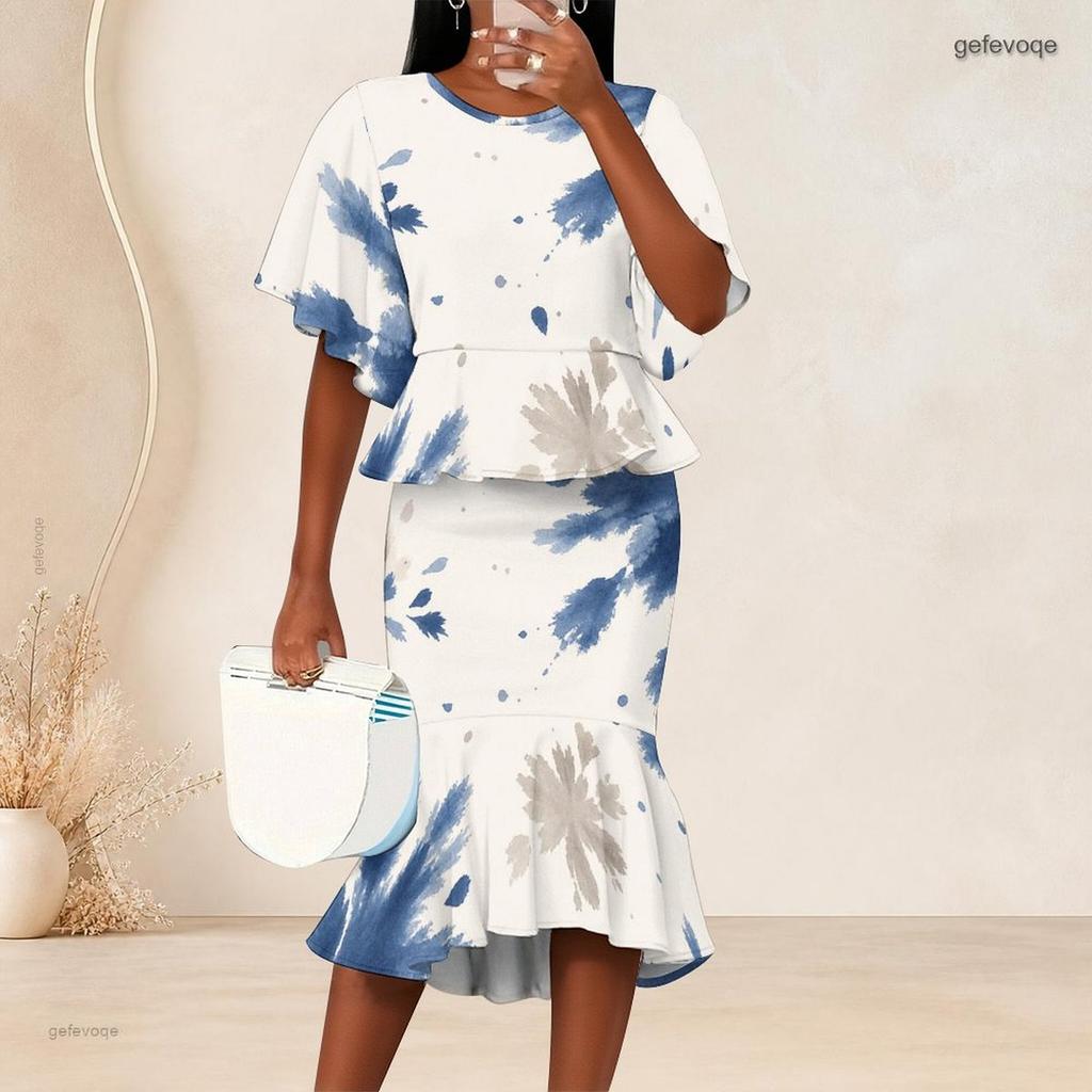 Women Plus Size Abstract Printed Round Neck Batwing Sleeve Ruffle Hem Top Fishtail Skirt Two Piece Set