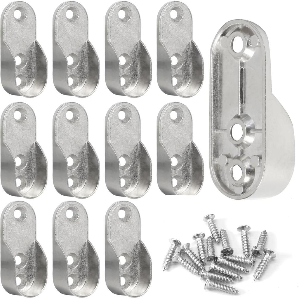 12Pcs Zinc Alloy Oval Closet Rod End Supports | 3-Hole Wardrobe Rod Brackets Fit 15×30mm Rods with Screws