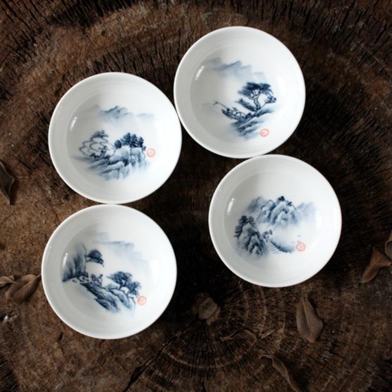 Blue and White Porcelain Tea Cups Set - Hand-Painted Landscape 4-Piece 40ml, Gongfu Chinese Tea Tasting Cups, Fine China
