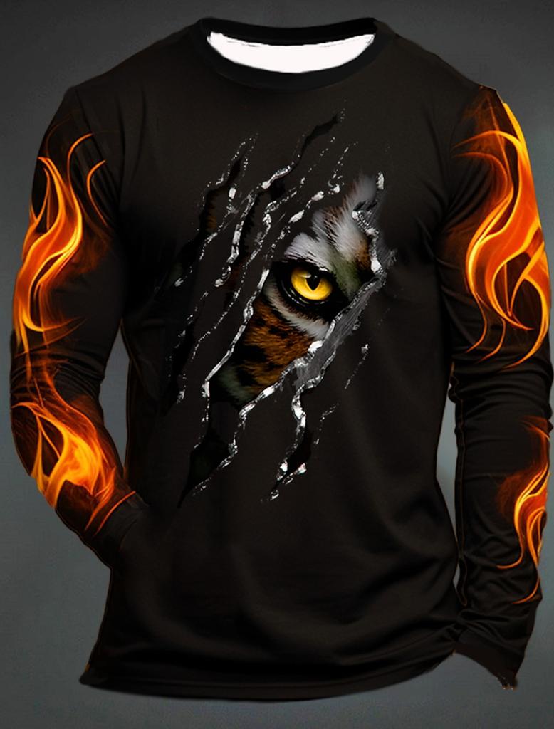 3D Printed Flame Scratch Pattern 3D Printed Autumn Men's Crew Neck T-Shirt Casual Long Sleeve Oversized Pullover Fashion Tops