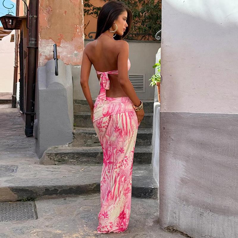 Fashion Printed 2 Piece Set Women Summer Pearls Necklace Halter Crop Tops Skinny Long Skirts Vacation Beach Style Suit