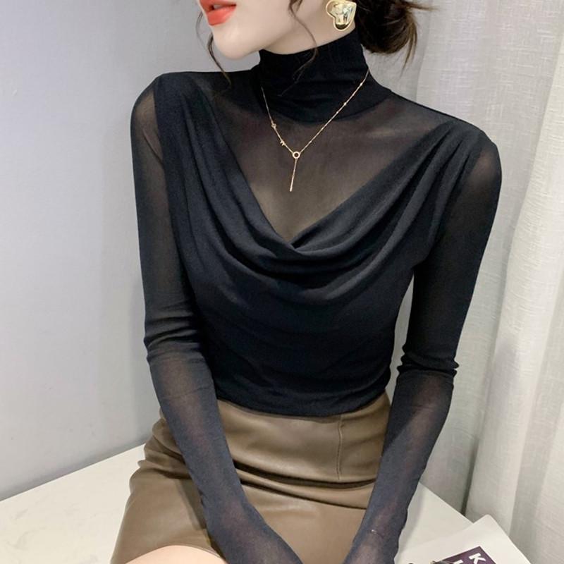 European High Neck Mesh Long Sleeve Top - Women's Slim Fit Autumn Shirt