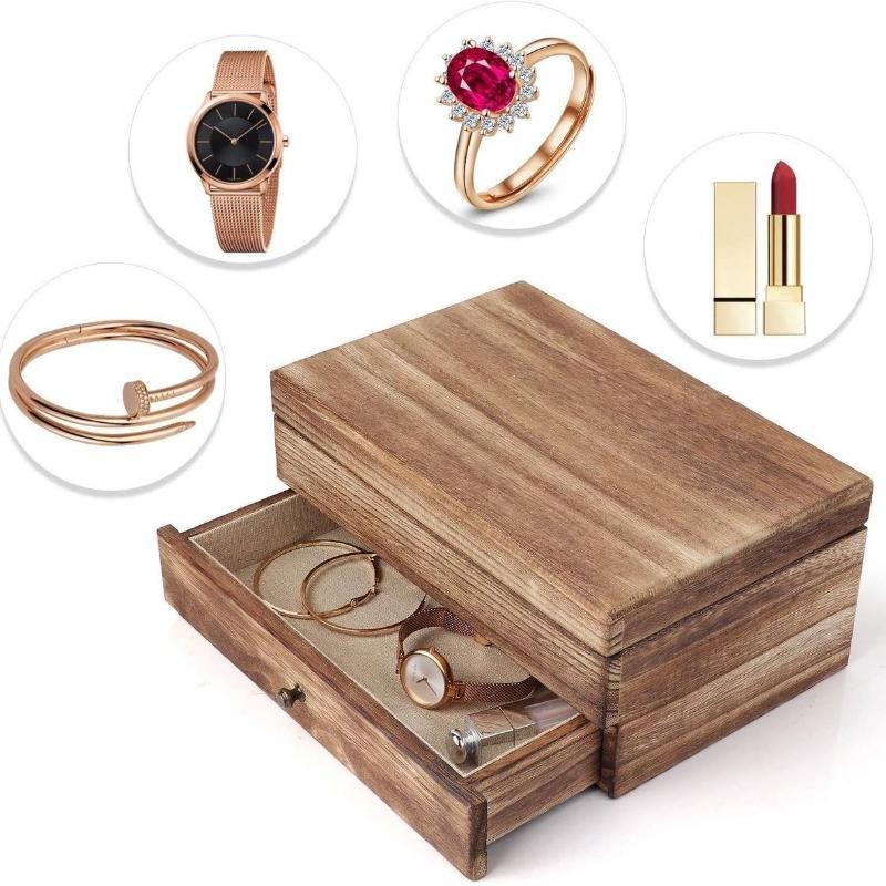 Vintage Jewelry Box Solid Wood Containers Two Layers Necklace Earrings Display Boxes with Mirror Jewelry Accessories