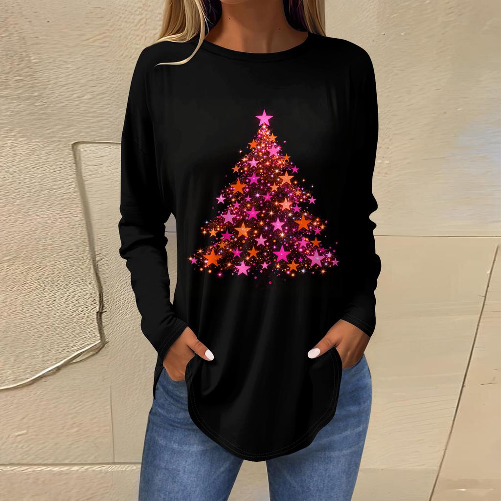 Dames Losse Comfortabele Casual Mode V-Hals Kerstprint Lange Mouw Hoodie