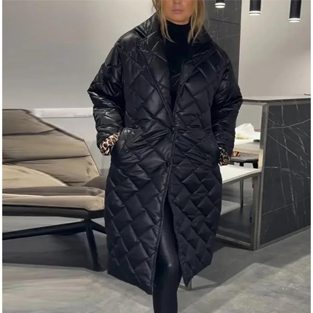 Jachetă Lungă Matlasată Solidă de Modă Femei Largă Rever Un Singur Rând Stradă Palton Călduros Toamnă Iarnă Lady Îmbrăcăminte Exterioară