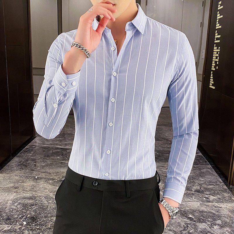Fashion Formal Handsome Button Striped Shirts Temperament Sven Turn-down Collar Skinny Spring Summer Autumn Thin Men's Clothing
