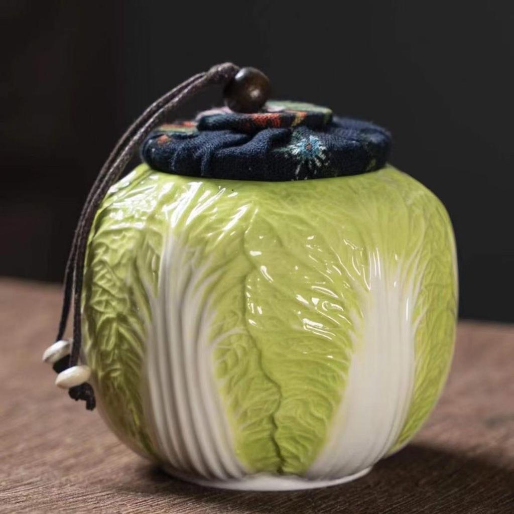Creative Ceramic Cabbage Tea Caddy, Mini Portable Sealed Jar for Travel and Food Storage