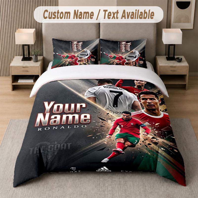 Set Biancheria da Letto Personalizzato Modello Cristiano Ronaldo, Stampa Nome Testo 1 Copripiumino più 2 Federe Tessile per la Casa