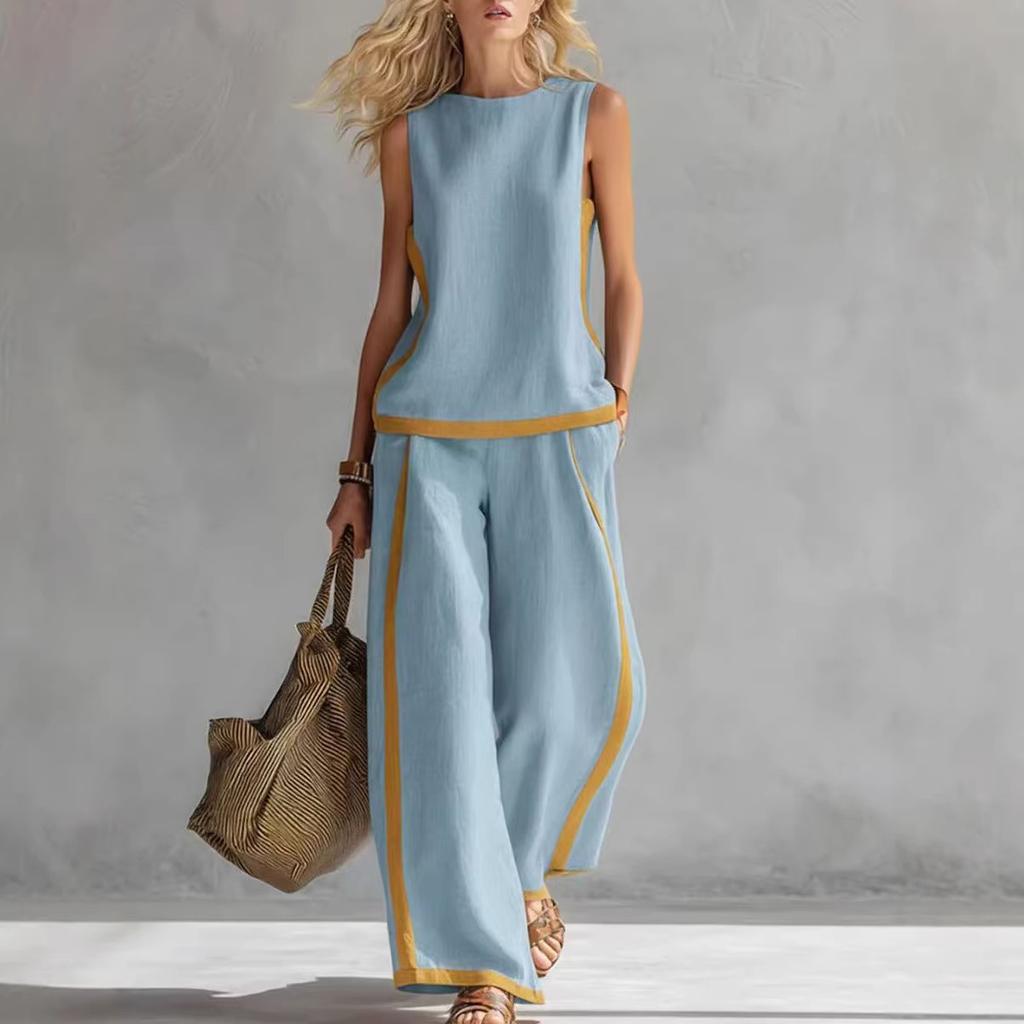 Women's Round Neck Sleeveless Loose Fit Color Block Two Piece Set Contrast Patchwork Wide Leg Pants Outfit For Spring Summer Casual Daily Commute