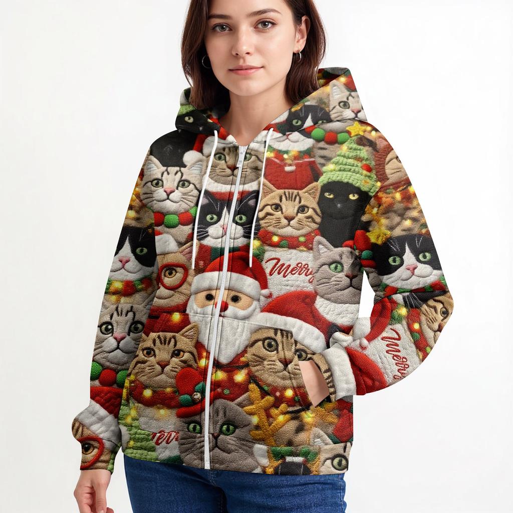 Women's Casual Fashion Long-Sleeved Zip-Up Christmas Print Knitted Hoodie