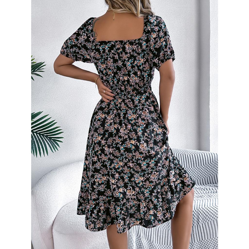 QICED Spring Summer Floral-patterned Square-neck Short-sleeved, Waist-cinched, Ruffled A-line Skirt Women's Clothing