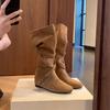Leather Version~ Retro Suede Crossed with Flat Bottom Pleated Stacking Boots Women's Big Tube Circumference Thin Inner Height Increase Medium