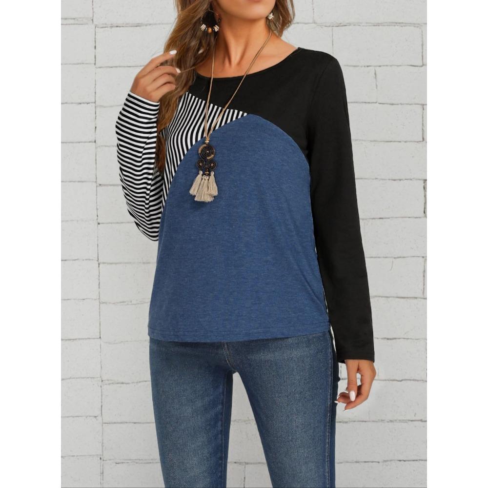 Women's Autumn and Winter Striped Pattern and Color Block T-shirt