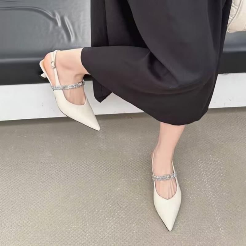 Stiletto Sandals Spring New Style Pointed Head Shallow Mouth Metal Buckle Crystal Belt Anti-slip Wear-resistant Heel Shoes