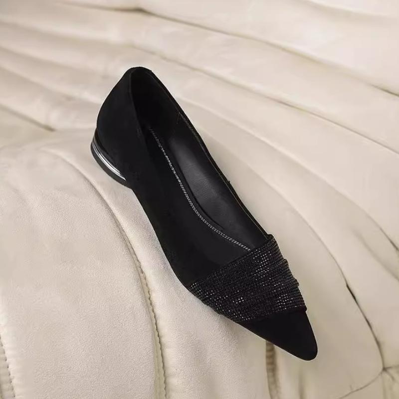 

Модная французская 2025 Новая весна и осень Удобные туфли-лодочки с неглубоким вырезом, стразами, темпераментным острым носком и мягкой подошвой для женщин 35 чёрный
