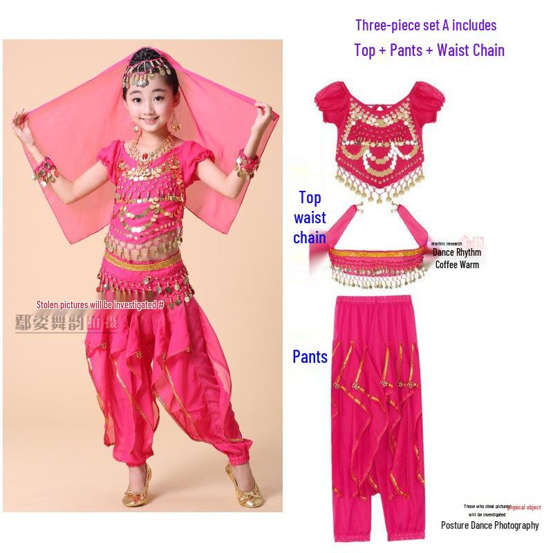 

Костюм для індійського та синьцзянського танцю для дівчаток: Дитячий етнічний одяг для виступу з танцю живота XL (130-140cm)