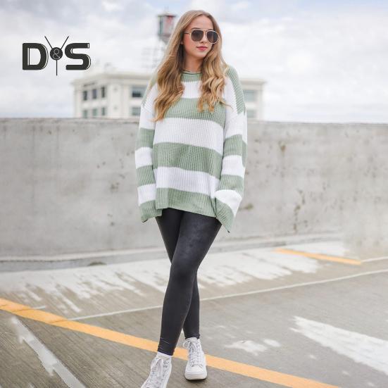 Women Pullover Sweater Wide Striped Color Block Crew Neck Long Sleeve Ribbed Cuffs Oversized Sweater Casual Knitwear