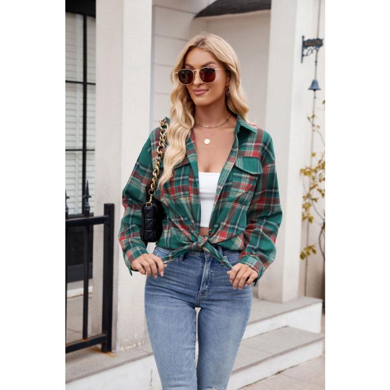 Women S Loose Casual Plaid Pocket Long Sleeve Shirt