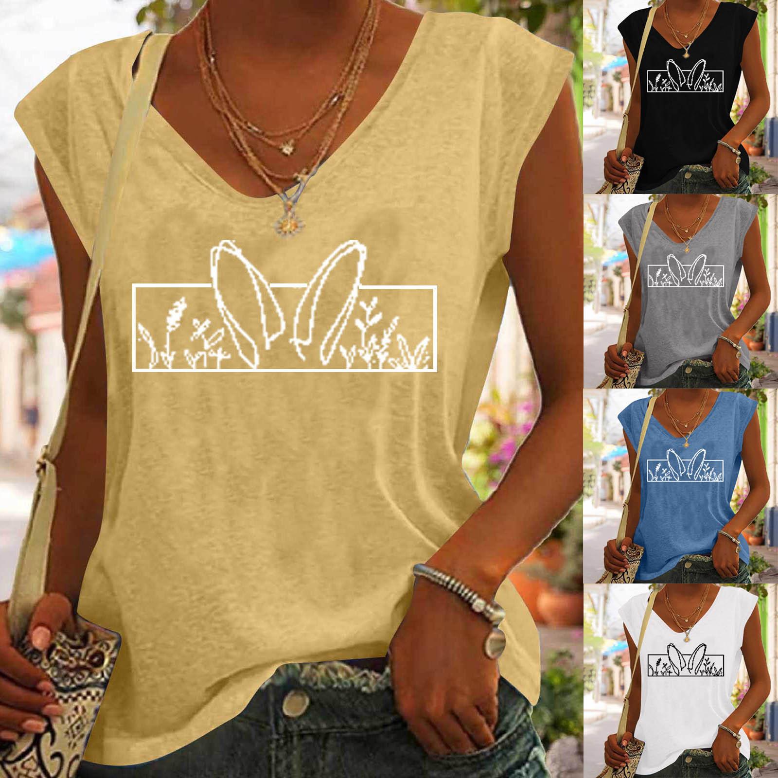 

Женская мода Повседневная печать V-образный вырез Без рукавов Футболка Пуловер Топы